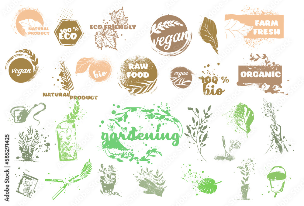 Big collection of bio, vegan, organic, raw, eco and healthy logos, labels, icons and badges. Hand drawn vector set. Colored trendy illustration. Great effect structure. Universally usable. Big collection of bio, vegan, organic, raw, eco and healthy logos, labels, icons and badges. Hand drawn vector set. Colored trendy illustration. Great effect structure. Universally usable.