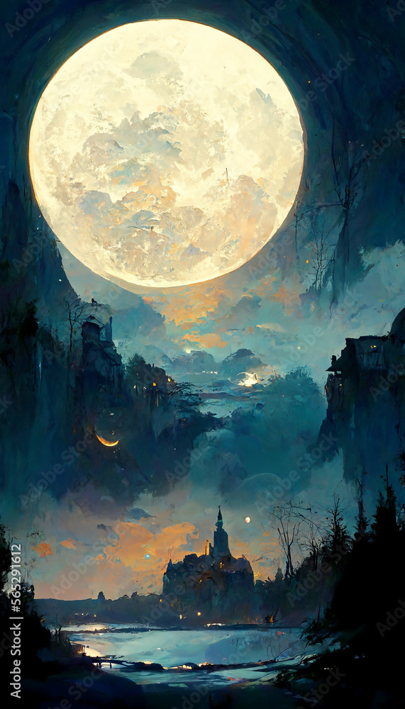 full moon moon in night illustration art Generative AI Content by
