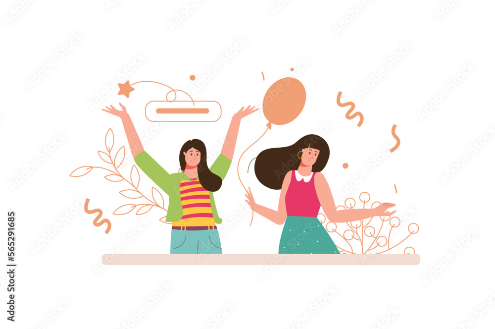 Celebration color concept with people scene in the flat cartoon design. Two friends celebrate holiday together and having fun. Vector illustration.