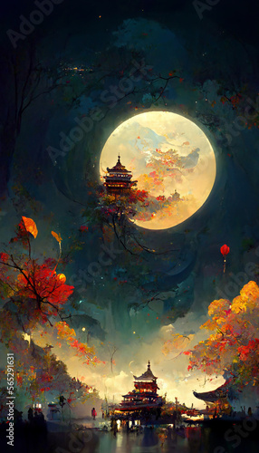 mid autumn festival full moon illustration art Generative AI Content by Midjourney