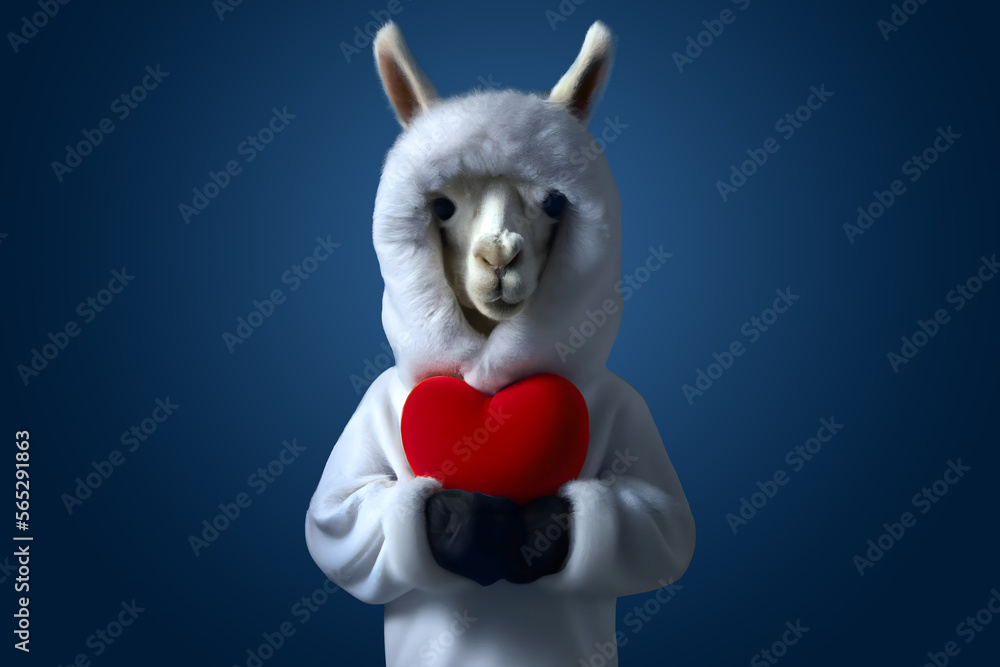 Obraz premium White alpaca character in hoodie with fluffy red heart in paws, generative ai