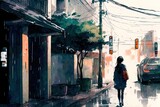 Lonely girl on the street. Lo-fi style. Watercolour. Generative AI art.