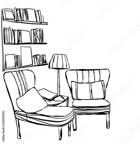 Hand drawn room interior. Reading place sketch. Chair and plaid.