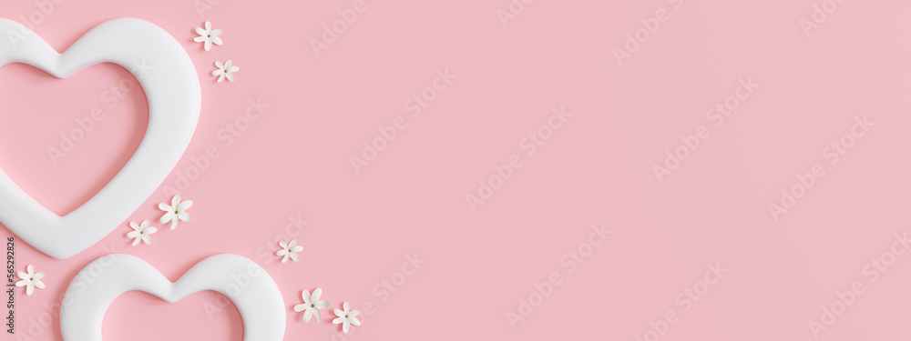 Woman's Day or Mother's Day background with copy space for text, advertising. Pink banner with hearts and flowers. 3D rendering.