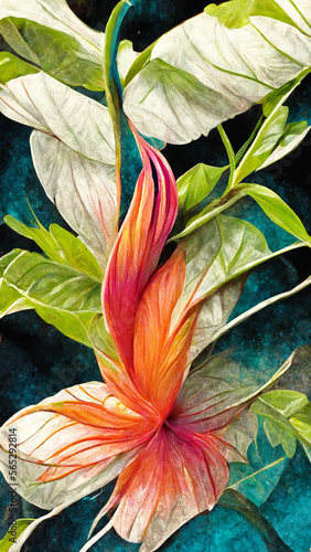 colorful flower on dark tropical foliage nature background illustration Generative AI Content by Midjourney
