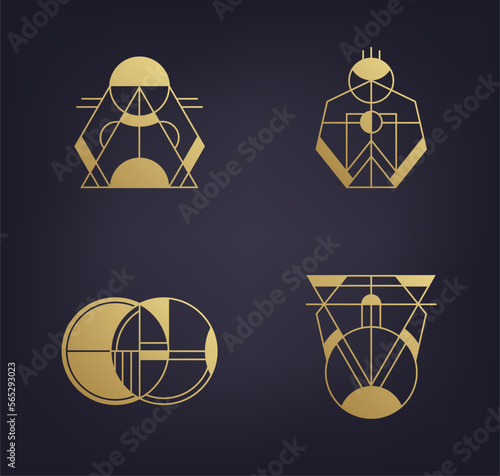 Vector set of abstract geometric logos. Art deco, hipster, golden line style. Circle, triangle, polygon linear shapes. Aztec, magic, esoteric icons, sacred geometry.