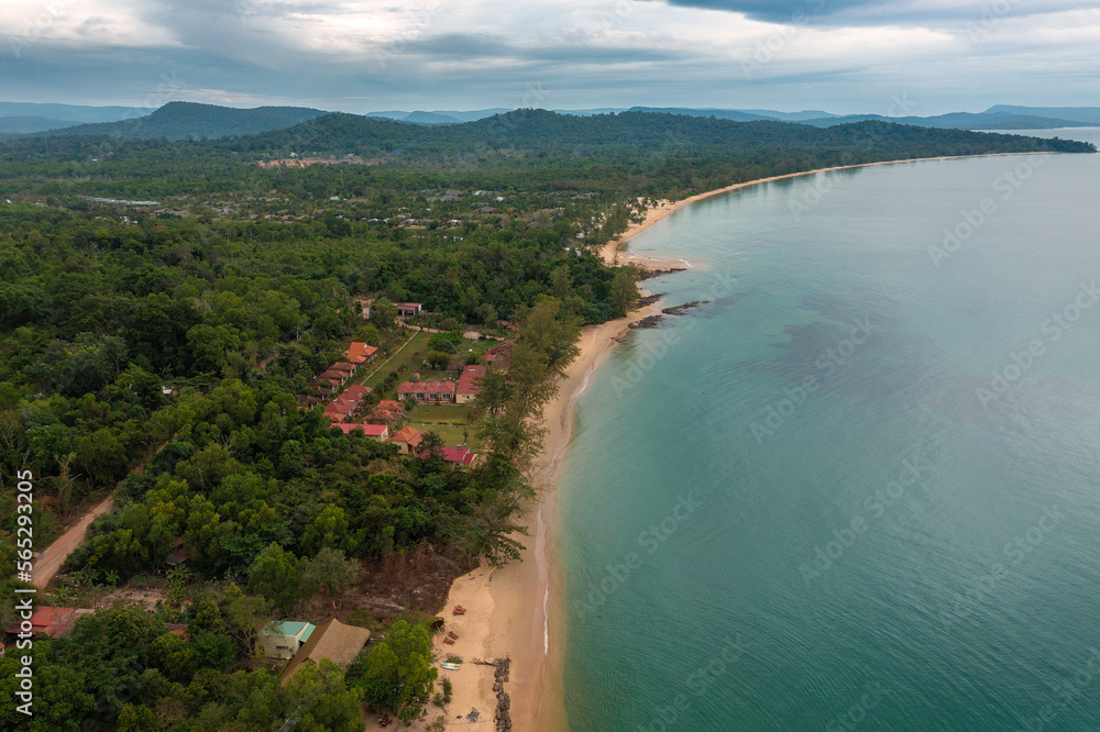 Aerial view of the sand beach with dark rocks in Phu Quoc Island, Vietnam
Aerial view of the sand beach with dark rocks in Phu Quoc Island, Vietnam