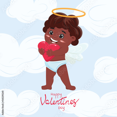 Vector cartoon illustration of the black cupid hugging a red heart in the clouds. Happy Valentines Day.