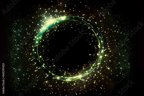 beautiful abstract effect, green sparkle light circle frame in black background