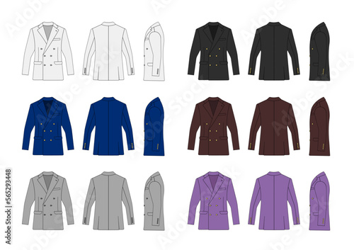 Double breasted suit jacket vector template illustration set ( with side view)