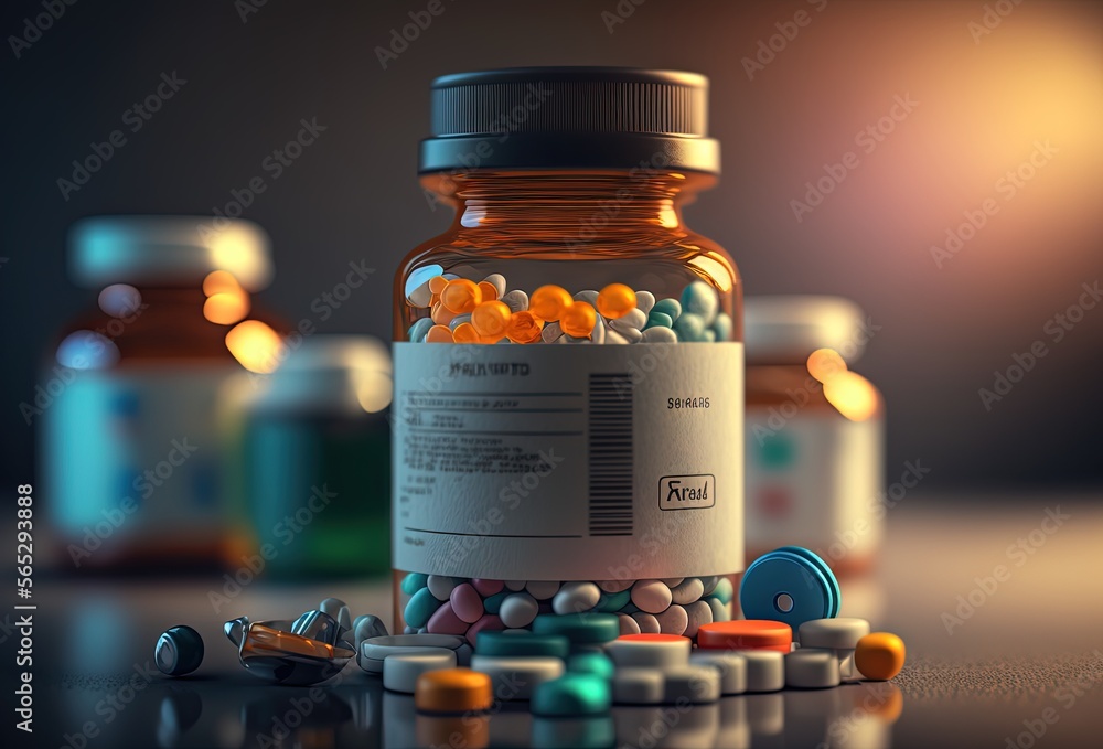 illustration of medicine bottle with a lot of pills in it Generative Ai illustration of medicine bottle with a lot of pills in it Generative Ai
