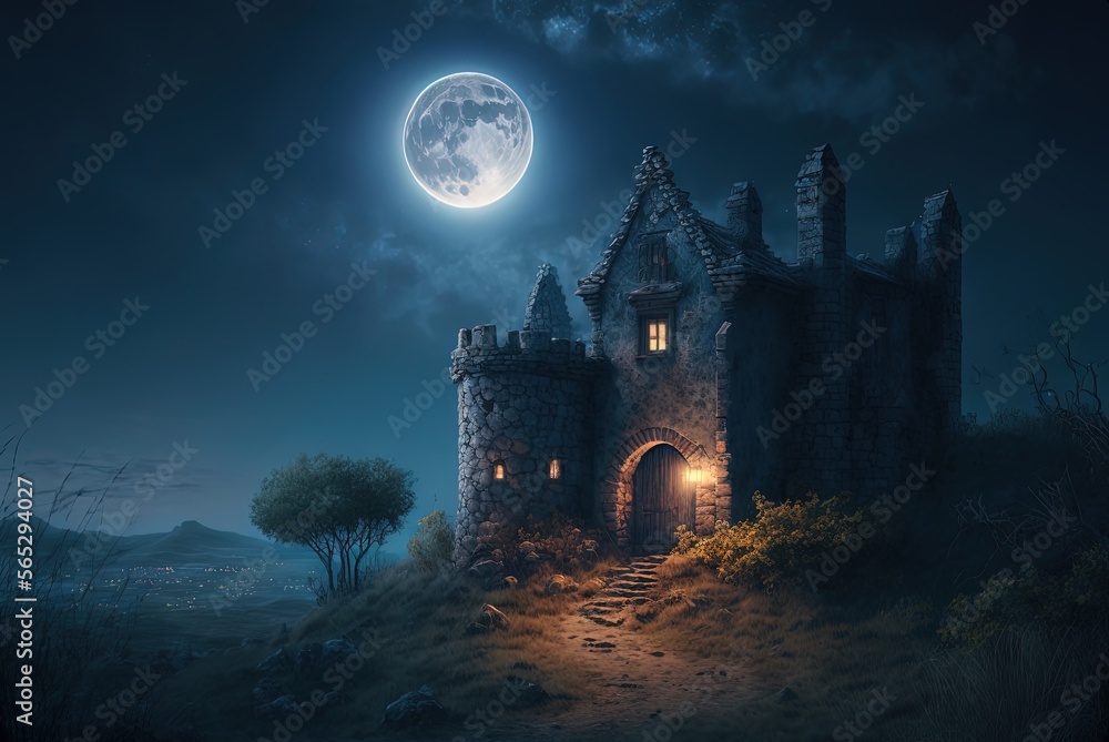 beautiful, stone castle in midnight time during full moon night, idea for background  Generative Ai
