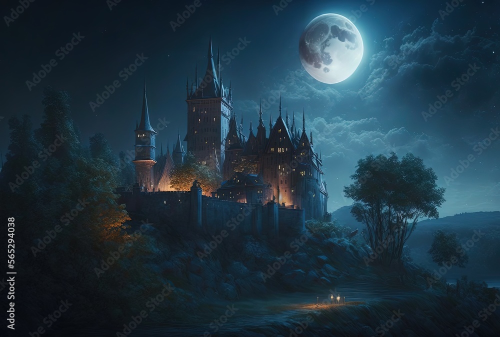 beautiful, stone castle in midnight time during full moon night, idea for background wallpaper Generative Ai