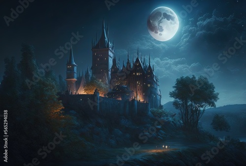 beautiful, stone castle in midnight time during full moon night, idea for background wallpaper Generative Ai
