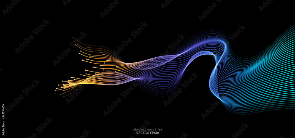 Vector abstract light lines wavy flowing dynamic in blue purple orange ...