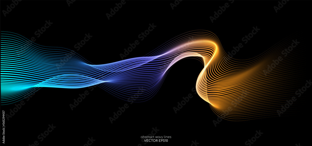 Vector abstract light lines wavy flowing dynamic in blue purple orange ...