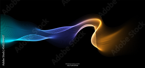 Vector abstract light lines wavy flowing dynamic in blue purple orange colors isolated on black background for concept of energy, electric, technology, digital, 5G, science, music