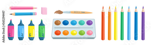 Set of colored markers, pencils and watercolor paints. School supplies in cartoon style. Isolated on white background. Vector flat illustration.