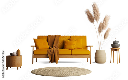 living room with yellow sofa and  dried plants