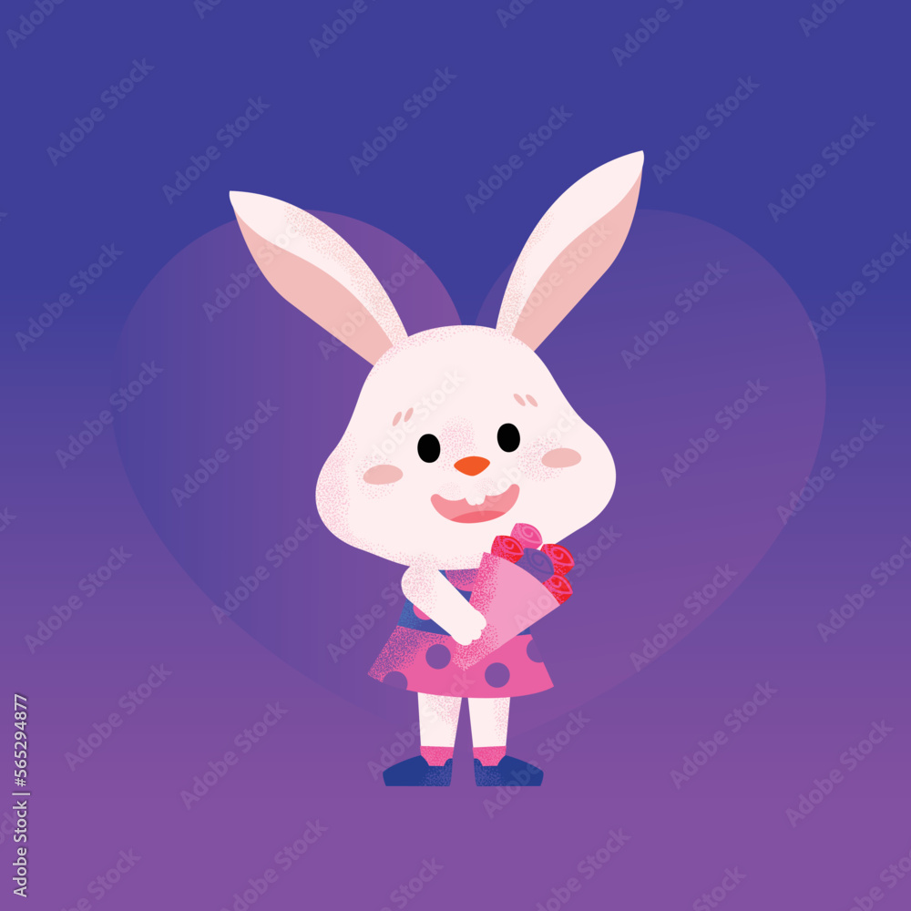 Happy Valentine's Day. Cute rabbit with rose bouquet on purple background. Happy Valentine's Day. Cute rabbit with rose bouquet on purple background.