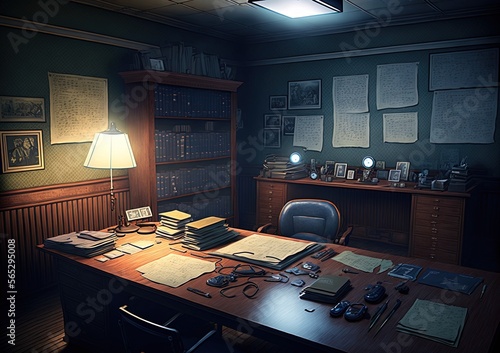 The nighttime detective's office Investigations office with desk boards and evidence board Generative AI photo