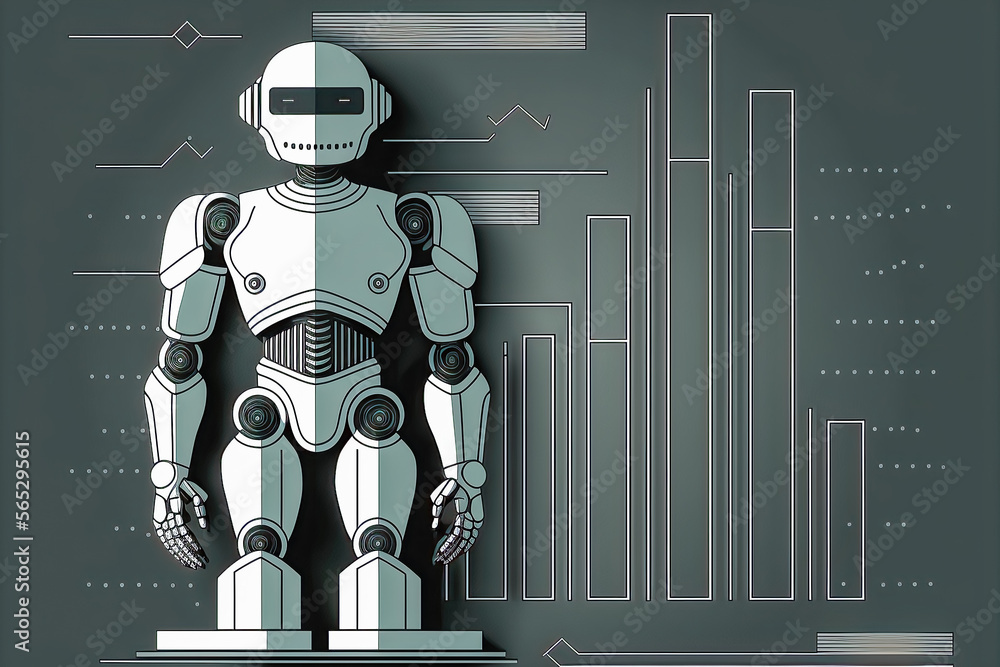 Roboter erklärt AI mit Charts Future Digital Art Hintergrund Background Generative ai Illustration Chart Whiteboard Demo Brainstorming