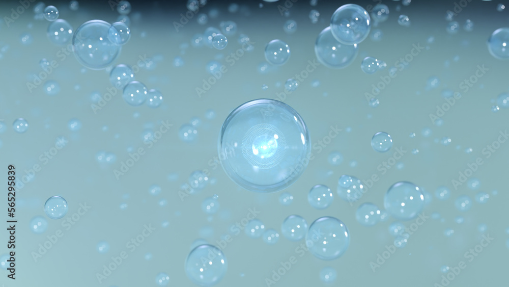 3D rendering Cosmetics Blue Bubbles of serum on a blurry background. Design of collagen bubbles. Essentials of Moisturizing and Serum Concept. Concept of vitamins for beauty and health.