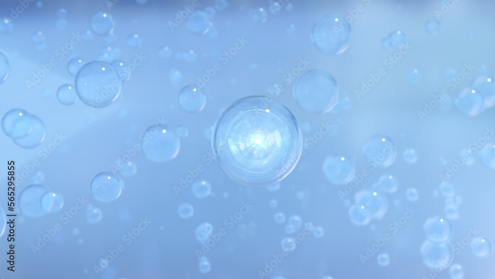 A macro shot of many water bubbles rising against a bright backdrop. 3D rendering of 6k beauty glossy bubble blobs or drips. Concept of vitamins for beauty and personal care