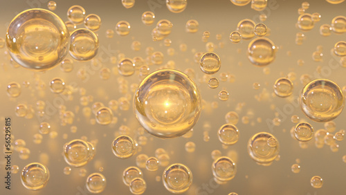 3D cosmetic rendering Bubbles of Golden Serum against a lens blur. Design of collagen bubbles. Ideas for Moisturizing Cream and Serum. Concept of vitamins for health and beauty.