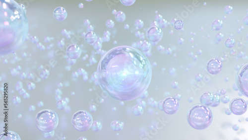 Cosmetic colorful serum bubbles against a blurry background. collagen bubbles  form. Moisturizing Cream and Serum Concept. 3D rendering