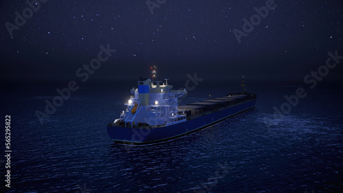Night Oil Tanker is floating at sea oil port terminal. Oil and gas petrochemical tanker offshore in open sea. Refinery industry cargo ship © Karakutubackground