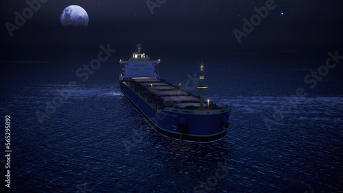 Night Aerial View Of Container Ship With Full Moon