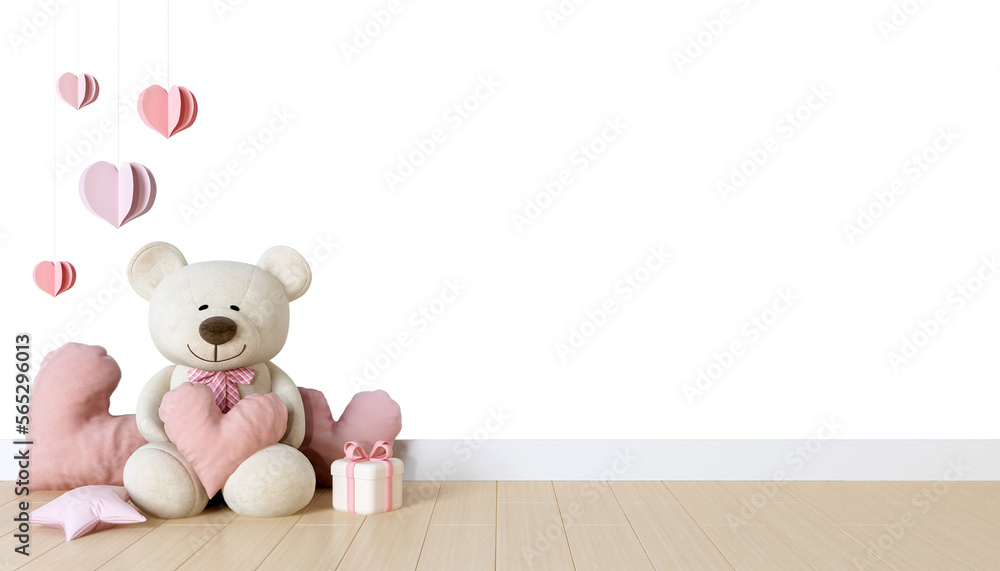 Valentine interior room have teddy bear and hearts on wooden floor for valentine's day. Valentine interior room have teddy bear and hearts on wooden floor for valentine's day.