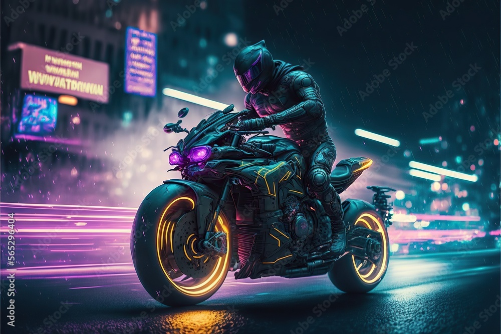 Speedway with riding Futuristic sport motorcycle in a night city,cyberpunk motorcycle background ,generative AI	