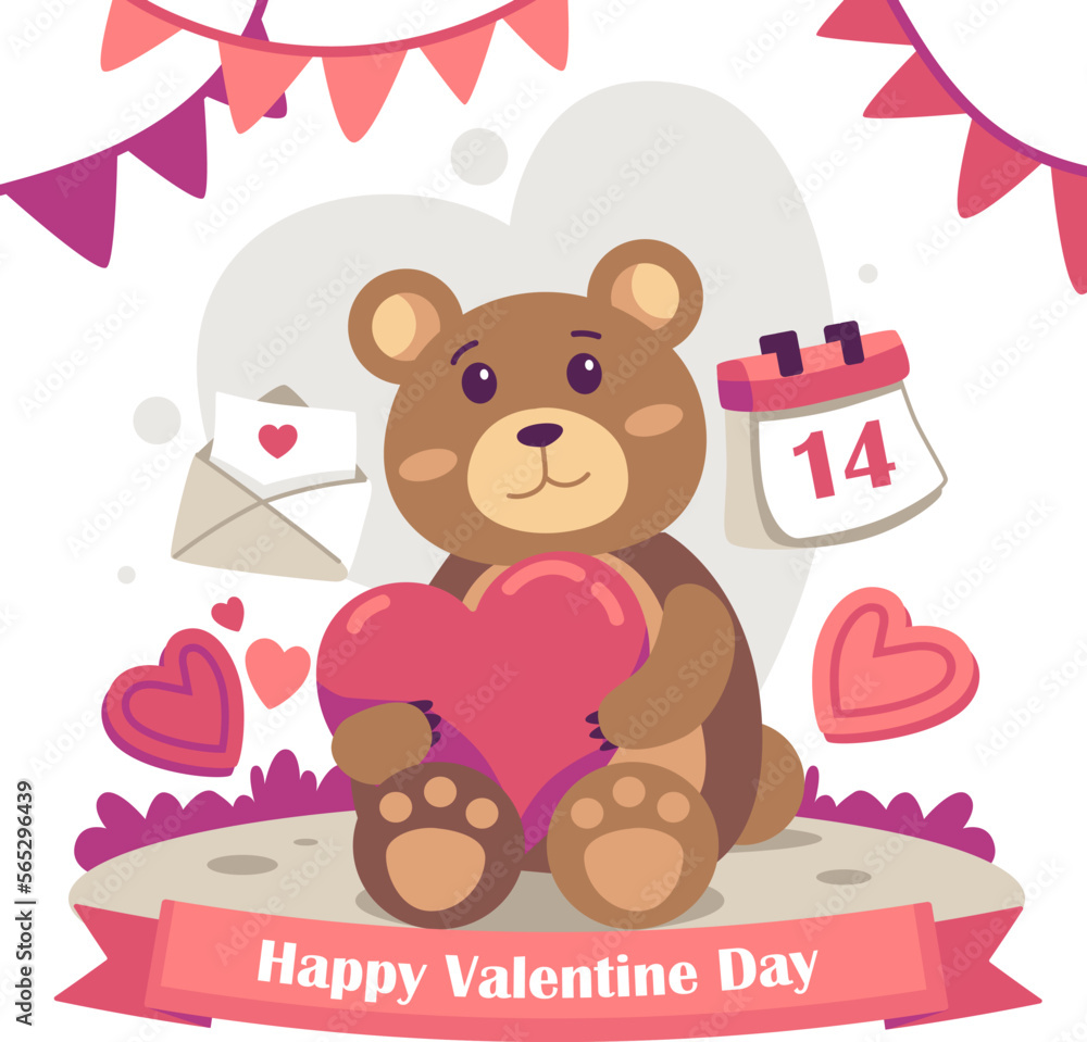 Valentine's day scene design with bear holding heart shape. Happy anniversary background Valentine's day scene design with bear holding heart shape. Happy anniversary background