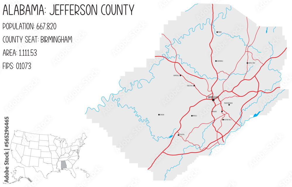 Fototapeta premium Large and detailed map of Jefferson county in Alabama, USA.