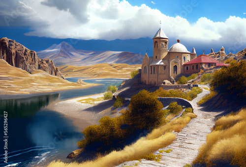 Azerbaijan landscape with mountains. Generative AI Art. Beautiful view.