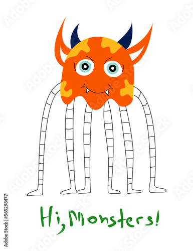 One vector colored monster with text. Funny and kind monster for printing with white background.