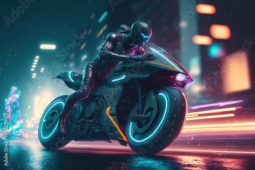 Speedway with riding Futuristic sport motorcycle in a night city,cyberpunk motorcycle background ,generative AI  © dhiyaeddine