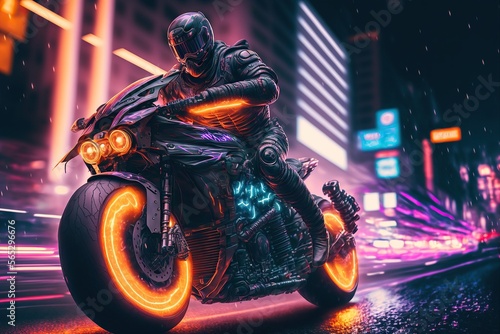 Speedway with riding Futuristic sport motorcycle in a night city,cyberpunk motorcycle background ,generative AI	 photo