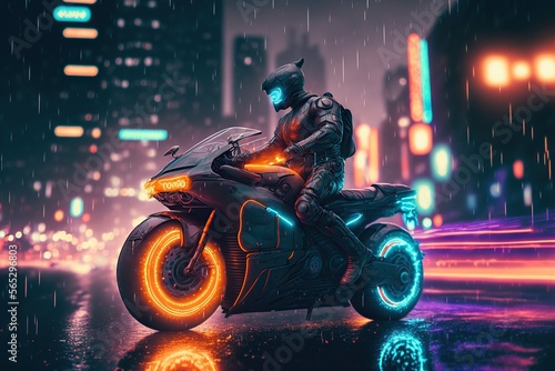 Speedway with riding Futuristic sport motorcycle in a night city,cyberpunk motorcycle background ,generative AI  © dhiyaeddine