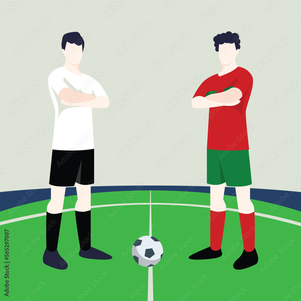 Match preview displaying two male footballers within a football field vector illustration. Germany vs Morocco.