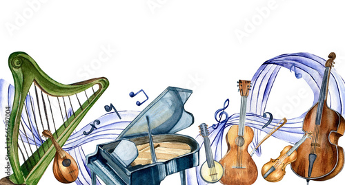 Photography Board of classical musical instruments and note wave watercolor illustration isolated