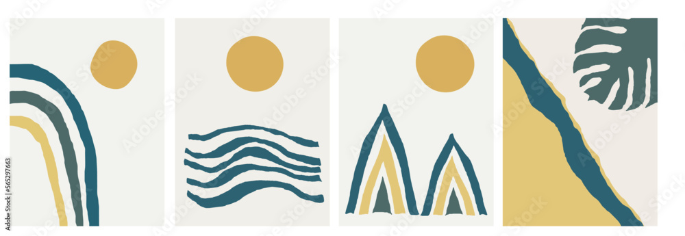 Collection of modern simple abstract landscapes (drawn by hand): mountains, sea, sun, monstera leaf and colored geometric shapes on a white background