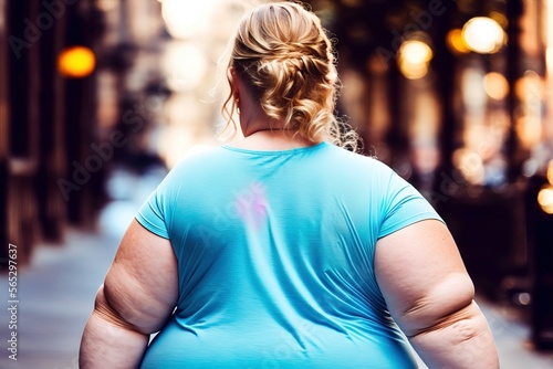 Back of chubby woman walking down the streets, bokeh shot