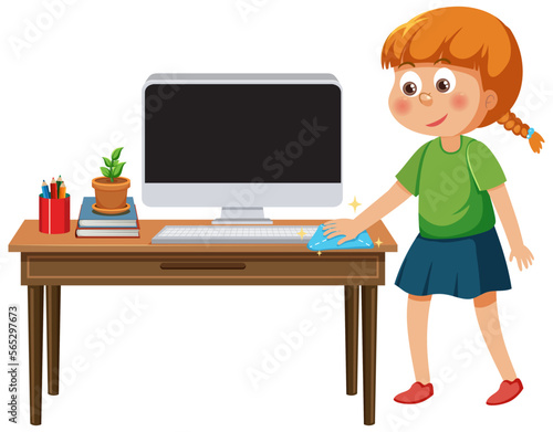 Girl cleaning computer desk