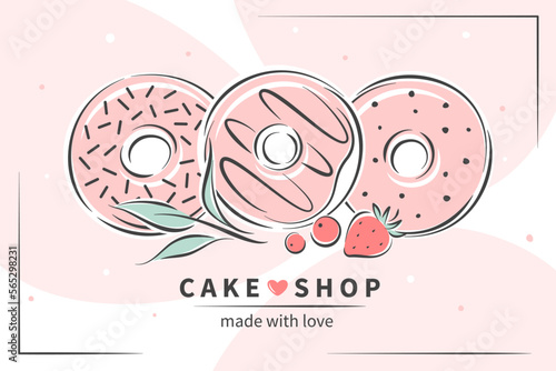 Cake and bread shop logo. Donuts and berries. Vector illustration for logo, menu, recipe book, baking shop, cafe, restaurant.