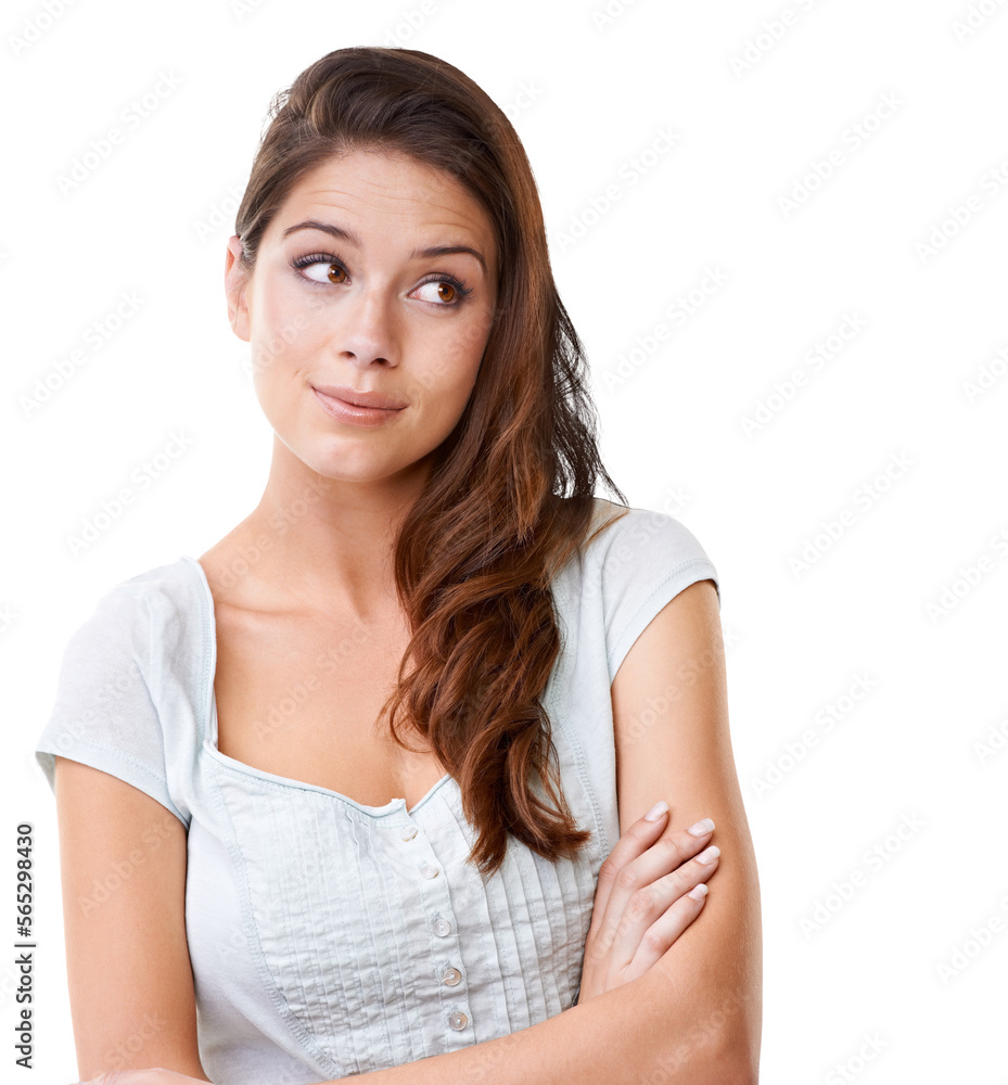 A beautiful young woman looking to the side with her arms folded Isolated on a PNG background. A beautiful young woman looking to the side with her arms folded Isolated on a PNG background.
