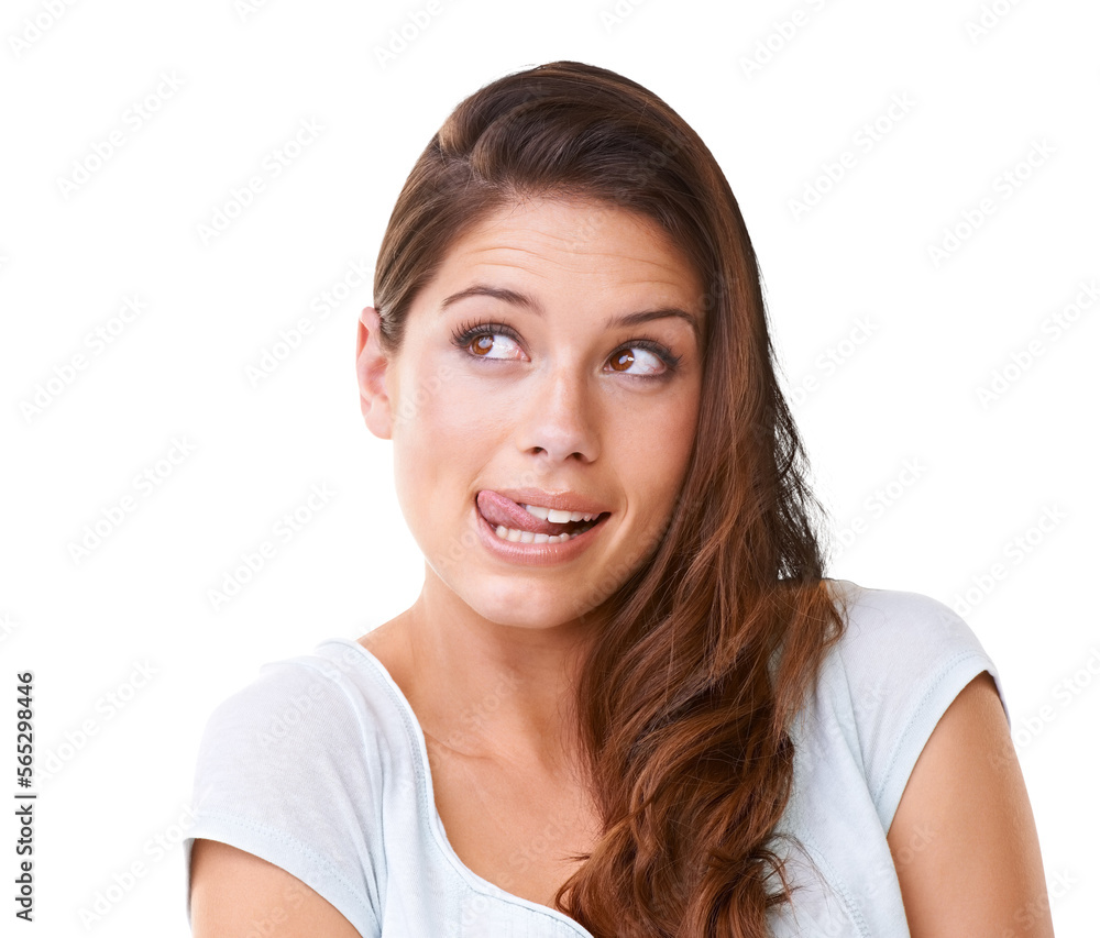 Close up of a gorgeous young woman looking sideways while licking her lips Isolated on a PNG background. Close up of a gorgeous young woman looking sideways while licking her lips Isolated on a PNG background.