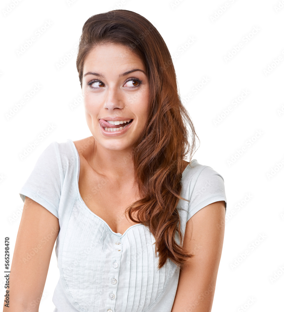 A beautiful young woman looking sideways while licking her lips Isolated on a PNG background. A beautiful young woman looking sideways while licking her lips Isolated on a PNG background.